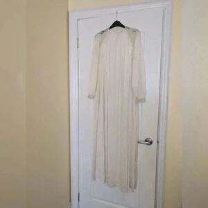 Vintage long cream robe cover up with lace details  and pockets